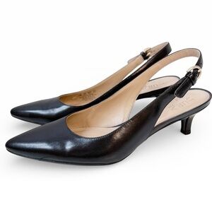 Naturalizer Peyton Leather Pointed Toe Kitten Heel Sling Back Pumps Black 6.5 W